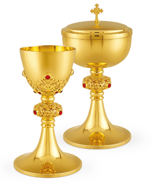 European 24K Gold Plated Chalice with Red Accent Stones – A Radiant Symbol of Faith and Elegance