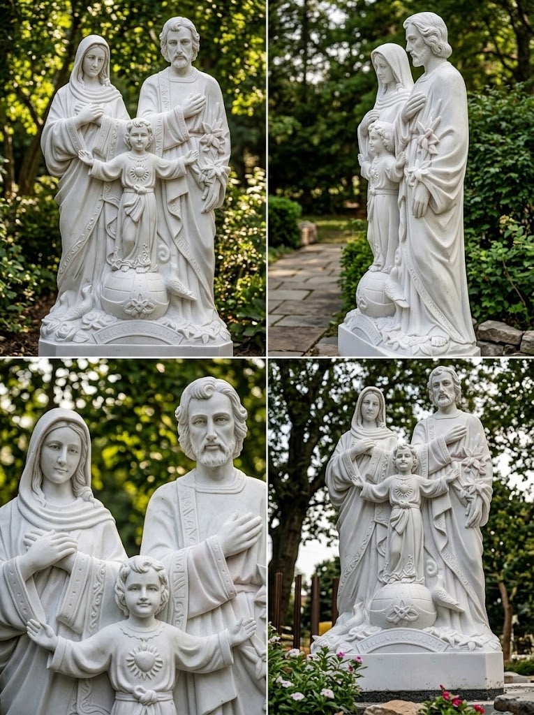 Hand-Carved Marble Holy Family Statue – Outdoor Catholic Shrine Custom Garden Monument
