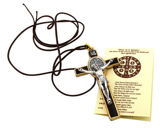 St. Benedict Crucifix with Oval St. Benedict Medal, Comes with Cord and Booklet Explaining the St. Benedict Medal (Gold-tone w/ Brown Enamel)
