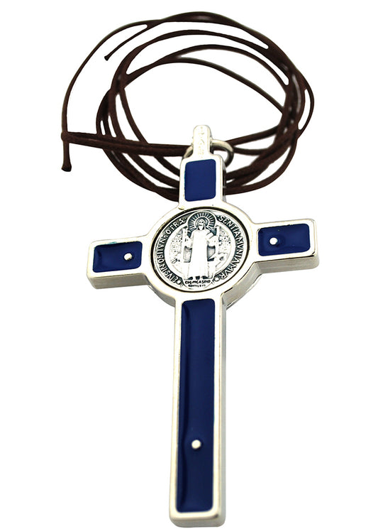 3" Colored Enamel St. Benedict Crucifix with Round St. Benedict Medal, Cord, and Booklet (Silver-tone w/ blue enamel)