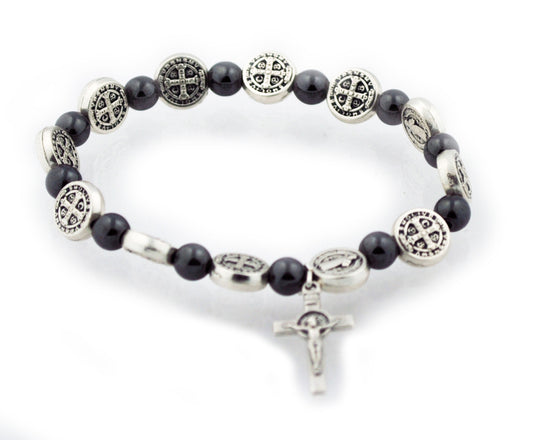 St. Benedict Medal Stretch Bracelet with Genuine Hematite Beads