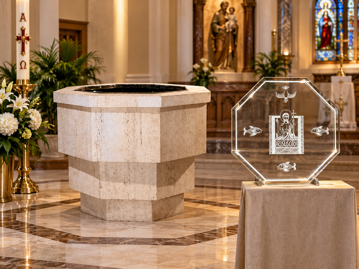 Custom Catholic Baptismal Font with Travertine Stone Veneer – Bowl & Lid