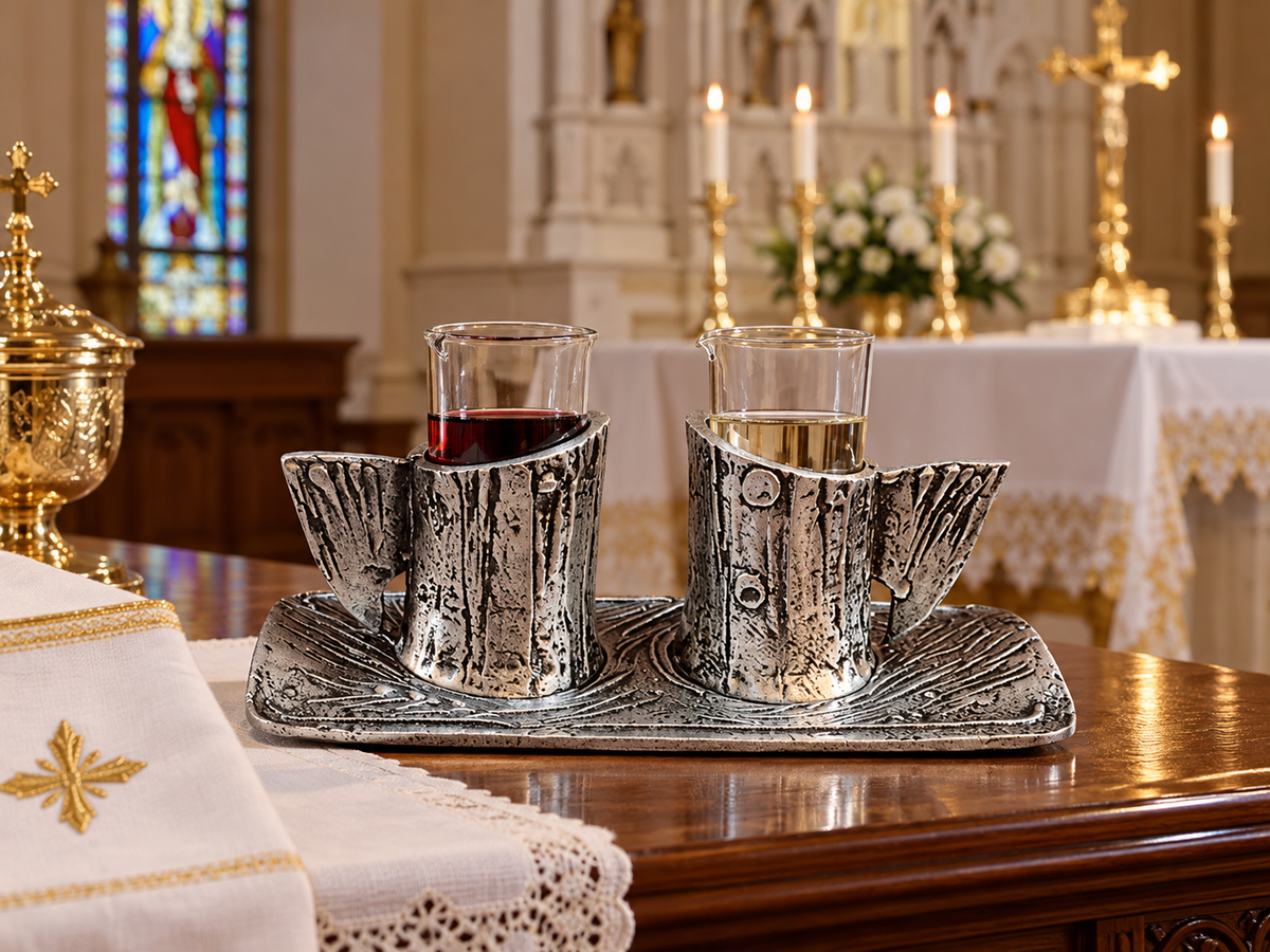 Catholic Mass Wine & Water Cruet Set – Glass & Bronze Liturgical Vessels