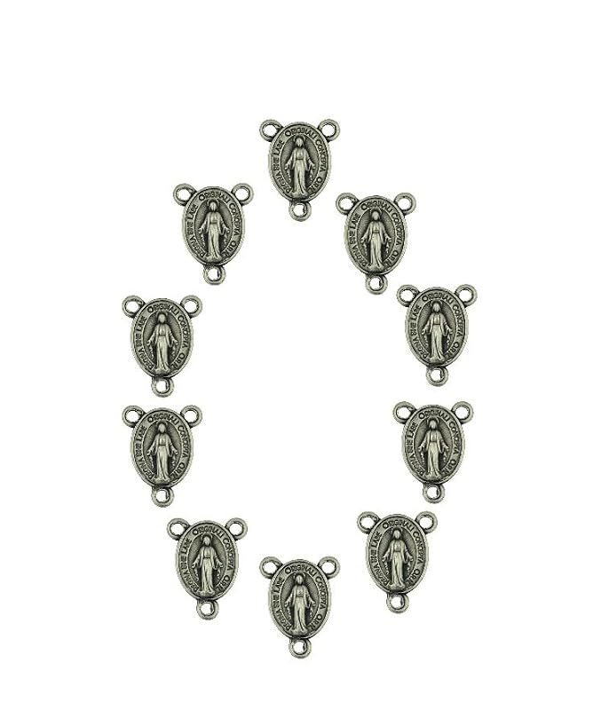 10 Pack of small miraculous medal centerpieces | Beautiful Catholic Pendant | Fashionable Christian Accessory | Attach pendant to chain | Silver tone metal