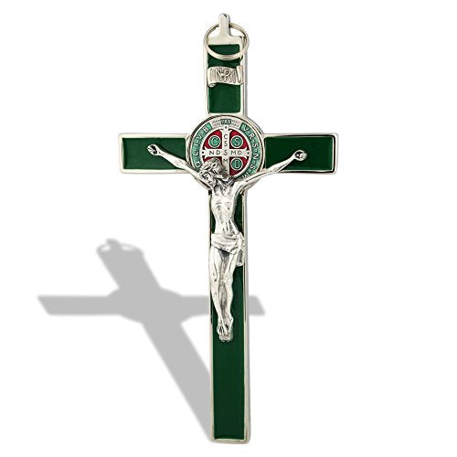 Saint Benedict Wall Crucifix with Colored Enamel (Silver-Green)