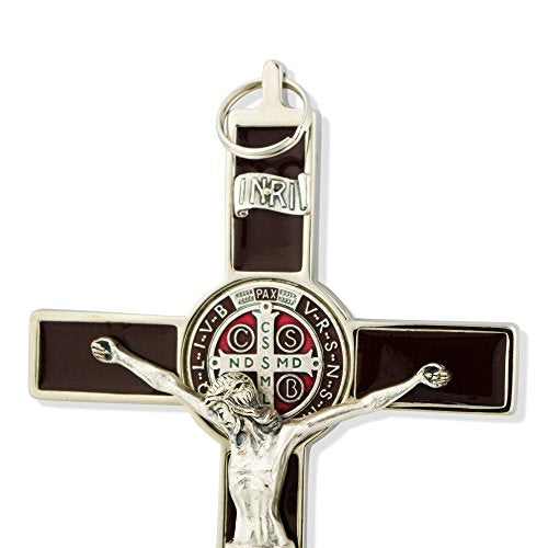 Saint Benedict Wall Crucifix with Colored Enamel (Silver-Brown)