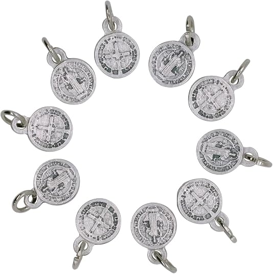 10 Pack of Tiny Saint Benedict Medals | Patron Saint of Students and Europe | Beading for DIY Chaplets and Religious Jewelry | Great Catholic Gift for First Holy Communion and Confirmation (Silver-Tone) - Silver-Tone