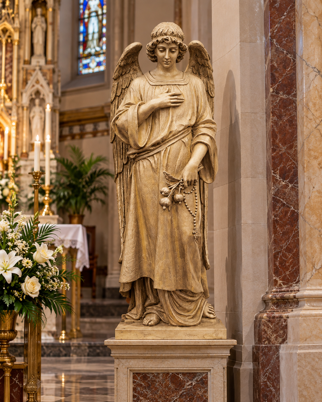 Catholic Church Angel Statue – 43" White & Bronze Religious Sculpture