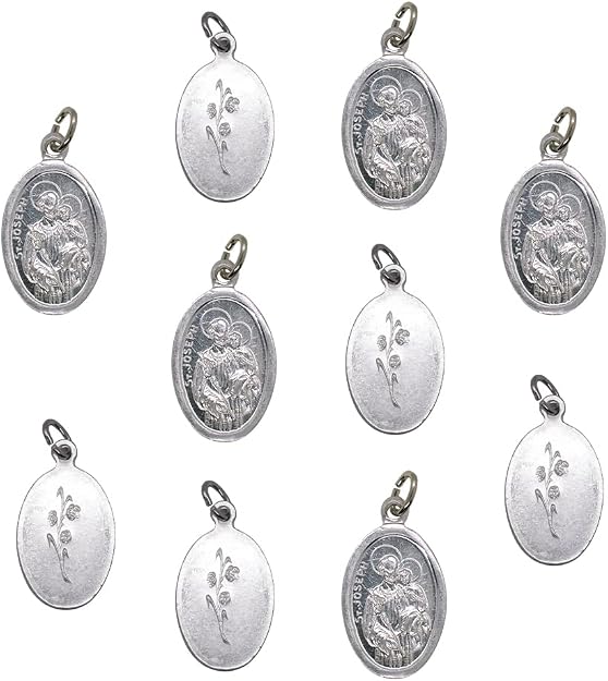 10 Pack of St Joseph Medals | 1" Metal Silver-Tone Pendants | Patron Saint of Fathers and the Universal Church | Great Catholic Gift for First Holy Communion and Confirmation | Made in Italy
