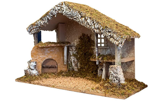 Nativity Creche Stable | Realistic Materials | Fireplace & Hay | 12" x 19"