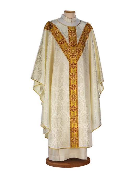Damask Chasuble with St. Andrew’s Cross and Soutache Collar – Refined Liturgical Vestment for Solemn Catholic Celebrations