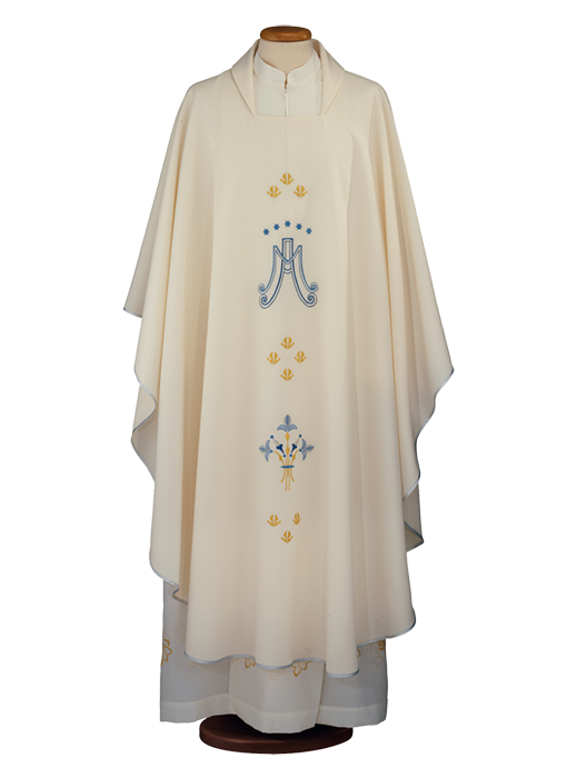 Marian Chasuble in 100% Polyester with Square Neck and Delicate Embroidery – Elegant Vestment for Marian Liturgical Celebrations