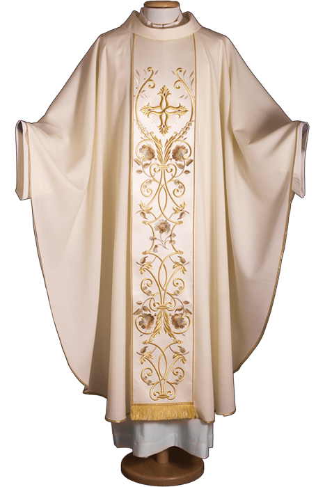 Elegant Pure Wool Chasuble with Gold Embroidered Stole and Fringe – Refined Liturgical Vestment for Solemn Celebrations