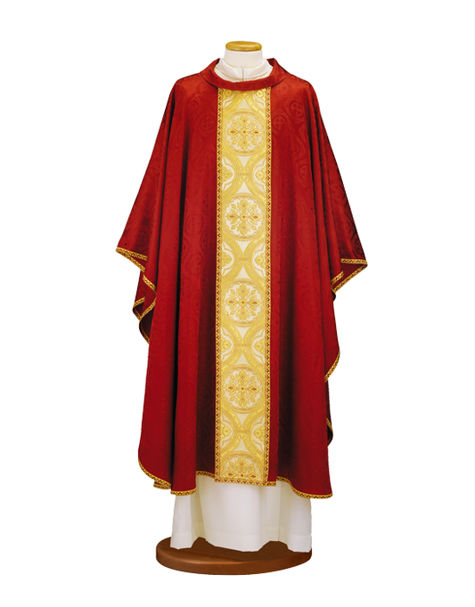 Damask Chasuble with Brocade Stole and Gold Trim – Elegant Liturgical Vestment with Cowl Neck for Solemn Catholic Celebrations