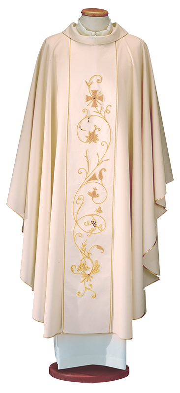 Pure Wool Chasuble with Hand-Embroidered Stole – Traditional Liturgical Vestment with Ring Collar and Gold Camisole Fringe
