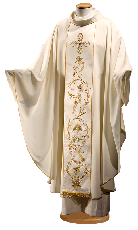 Pure Wool Chasuble with Hand-Embroidered Stole – Ring Collar Liturgical Vestment with Gold Camisole Fringe