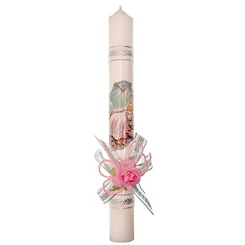 12" Baptism Paschal Candle Keepsake | Great Catholic Gift for Baptism or New Baby | Blue, Pink, or White Rose with Silver-Tone Accent Ribbons | Religious Easter Tradition