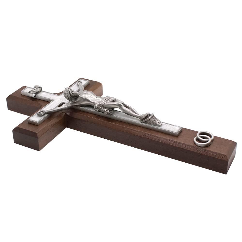 10" Walnut Crucifix with Silver-Tone Corpus and Interlocked Wedding Bands | Great Catholic Gift for Bridal Shower, Weddings, and Anniversaries | Christian Home Décor…