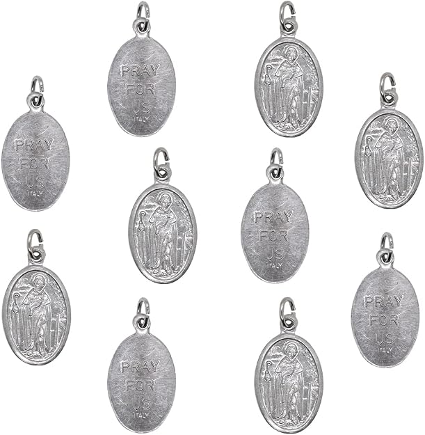 10 Pack of Saint Peregrine Medals | 1" Metal Silver-Tone Pendants | Patron Saint of Cancer Patients | Great Catholic Gift for First Holy Communion and Confirmation | Made in Italy