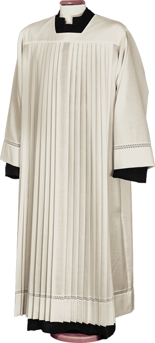 Pleated Alb in Polyester and Wool with Square Collar and Embroidered Lily Trim – Refined Liturgical Vestment for Catholic Clergy