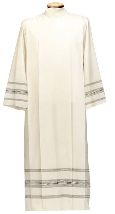 Liturgical Alb in Wool-Blend with Korean Collar and Hand-Embroidered Lilies – Front Zip Papal Style Alb in Gray or Ecru