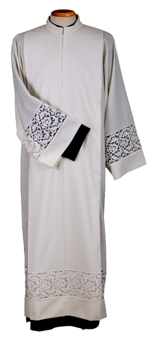 Polyester and Wool Liturgical Alb – All-Season Clergy Garment with Korean Collar, Central Zip, and Organza Inserts