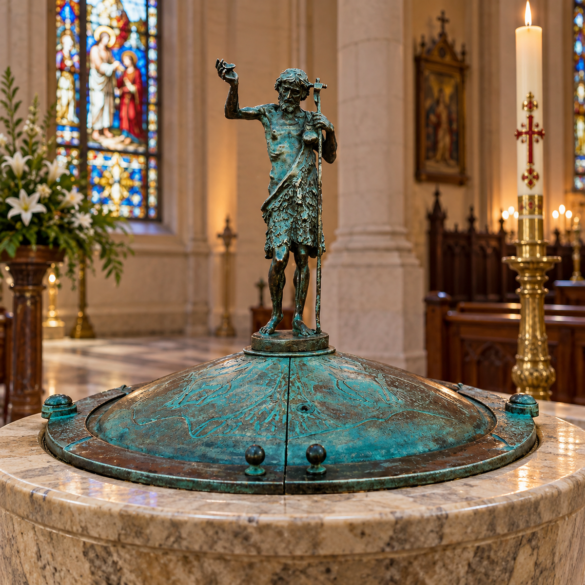 Rotating Catholic Baptismal Font Lid – Embossed Copper Cover with Bronze Sculpture