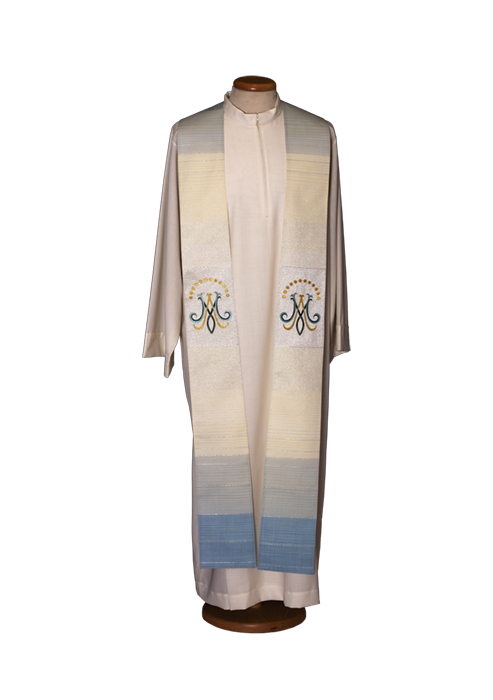 Marian Stole in Lightweight Shaded Fabric – Silver to Blue Gradient with Ave Maria Symbol and Embroidered Stars