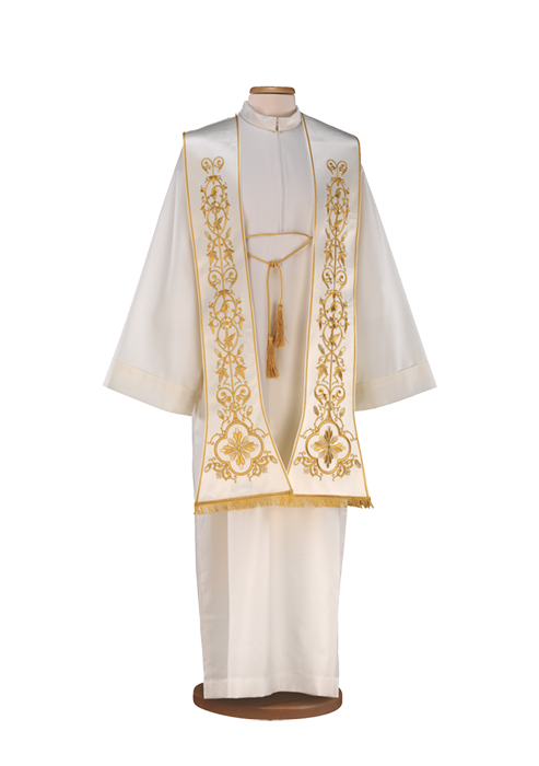Roman Stole in Polyester Satin – Machine Embroidered with Gold Threads, Fringe, and Bow for Liturgical Celebrations