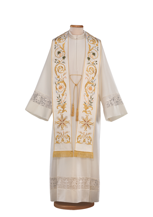 Elegant Machine Embroidered Satin Stole – Polyester Liturgical Vestment with Gold Fringe and Bow