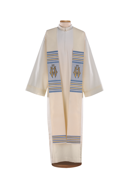Wool Lurex and Acrylic Liturgical Stole with Ave Maria Embroidery – Gold and Blue Marian Vestment for Clergy