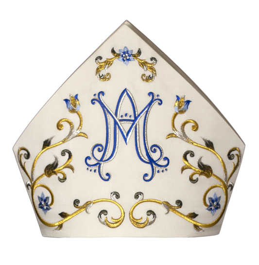 Marian Mitre in Pure Wool – Machine Embroidered Liturgical Headpiece with Traditional Marian Motifs