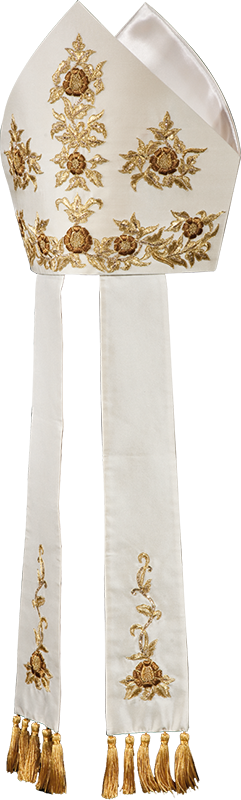 Hand-Embroidered Pure Silk Mitre with Gold Fringe – Italian Liturgical Vestment for Bishops