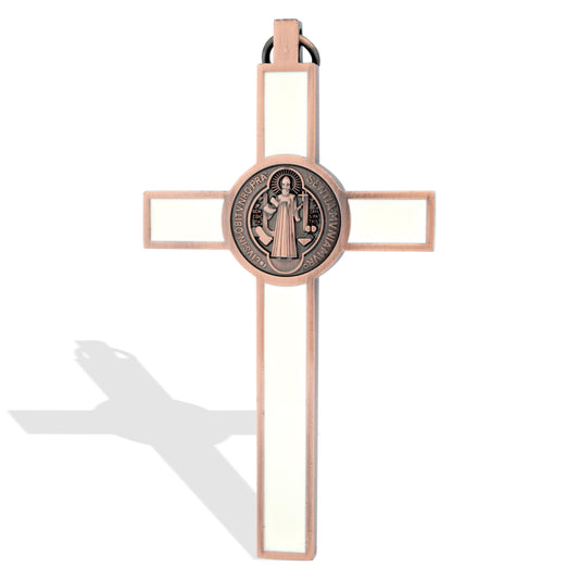 Deluxe Catholic Saint Benedict Wall Cross - Antique Copper Finish with White Enamel