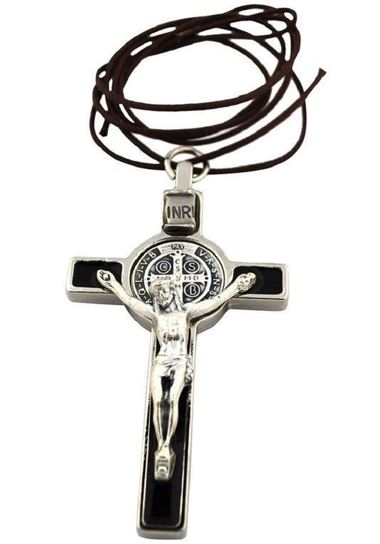 3" Colored Enamel St. Benedict Crucifix with Round St. Benedict Medal, Cord, and Booklet (Silver-tone w/ Black enamel)