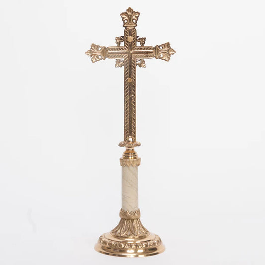Brass Altar Cross with Marble Stem | 14 1/2" Traditional Catholic Crucifix with Silver Plated Corpus and INRI
