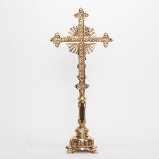 Fluted Stem Altar Cross | Traditional Brass Altar Crucifix with Silver Plated Corpus and INRI