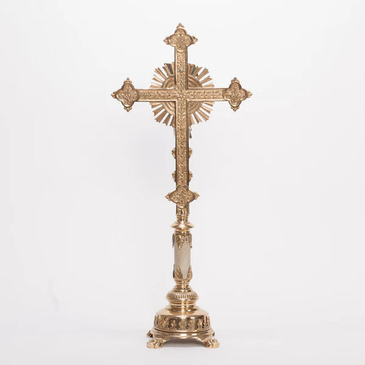 Marble Stem Altar Cross | 30" Traditional Brass Altar Crucifix with Silver Plated Corpus and INRI