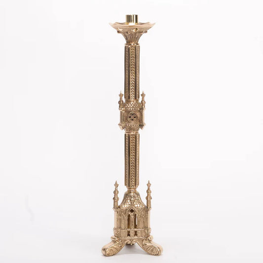 Traditional French Gothic Altar Candlestick – Brass Church Candle Holder | Polished & Lacquered | Matches H-118 Altar Cross