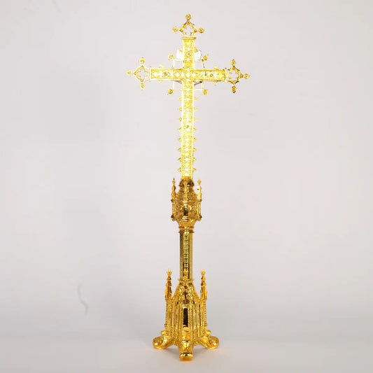 Gold Plated 30" Gothic Style Altar Cross | Silver Plated Corpus and INRI