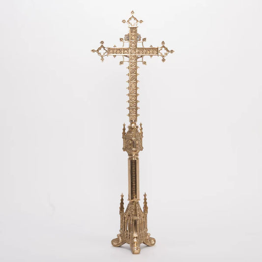 Traditional 30" Gothic Style Altar Cross | Brass or Gold Plated with Silver Plated Corpus and INRI