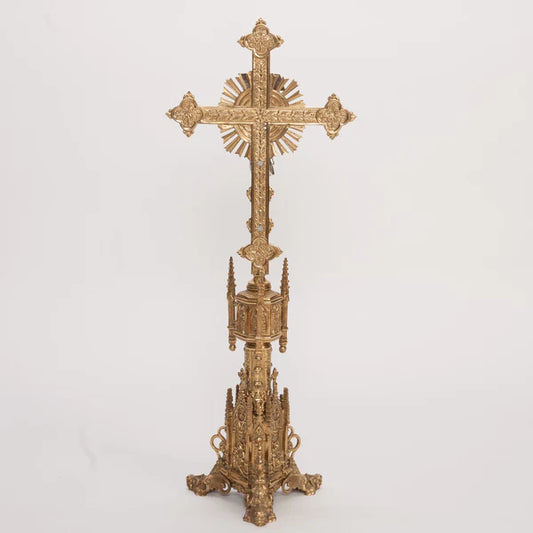 Traditional 34" Gothic Style Altar Cross | Polished Brass with Silver Plated Corpus and INRI