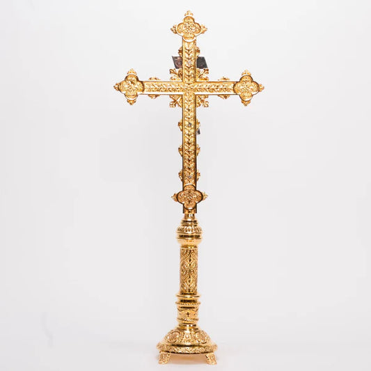Gold Plated 31" Altar Cross | Traditional Catholic Crucifix with Silver Plated Corpus and INRI | Matches H-98 Altar Products