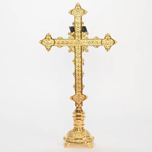Gold Plated 31" Altar Cross | Traditional Catholic Crucifix with Silver Plated Corpus and INRI