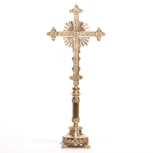 Ridge Stem Altar Cross | Polished Brass with Silver Plated Corpus and INRI | Traditional Catholic Altar Crucifix