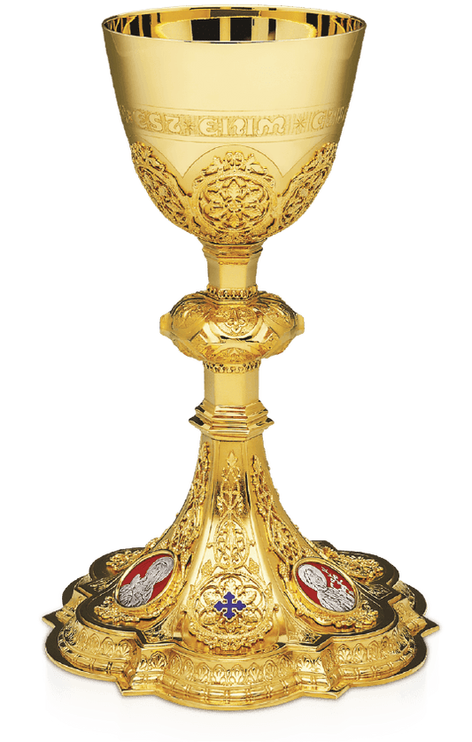 "Sacred Filigree Chalice with Enamel Cross and Holy Family Medallions"