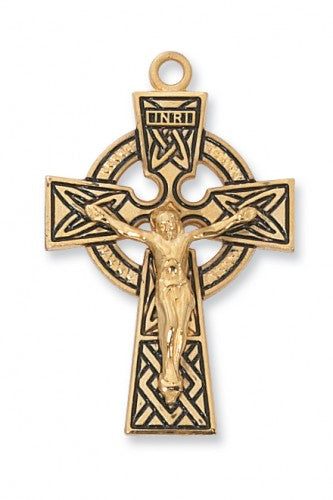 Celtic crucifix necklace, Catholic cross, gold tone, and 24-inch chain.