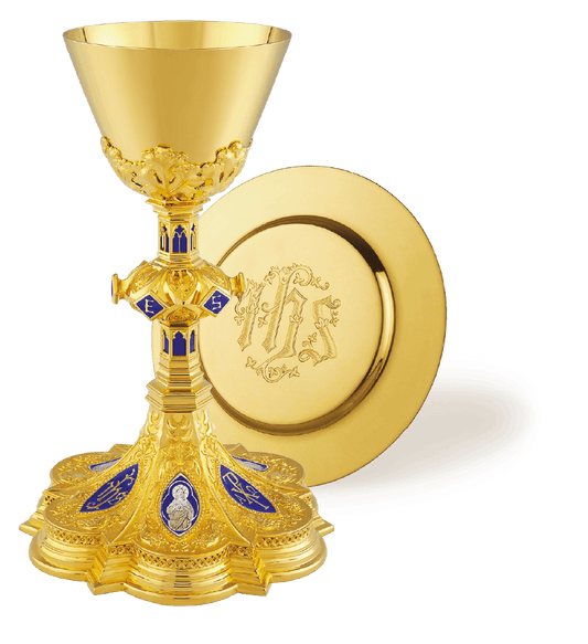 "Holy Family Gold Chalice – Enamel Medallions and High-Relief Design"