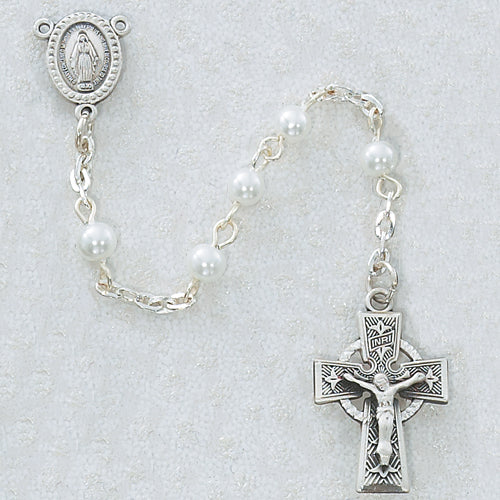 5MM PEARL ROSARY PEWTER CELTIC