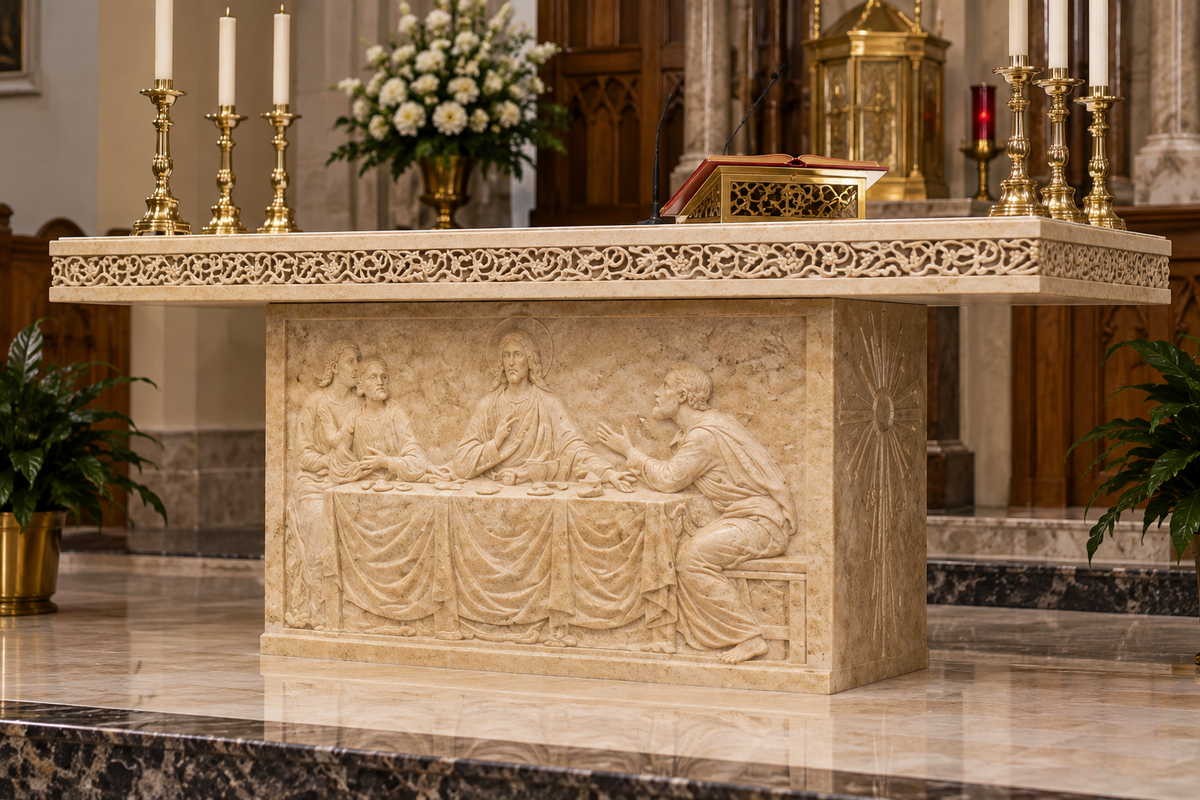 Custom Catholic Church Altar with Last Supper Relief – Wooden Mensa & Decorative Edging